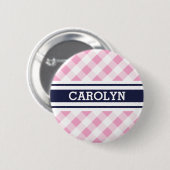 シックでプレッピーなピンク海軍ギンガムパターンモノグラム 缶バッジ (正面&裏面)