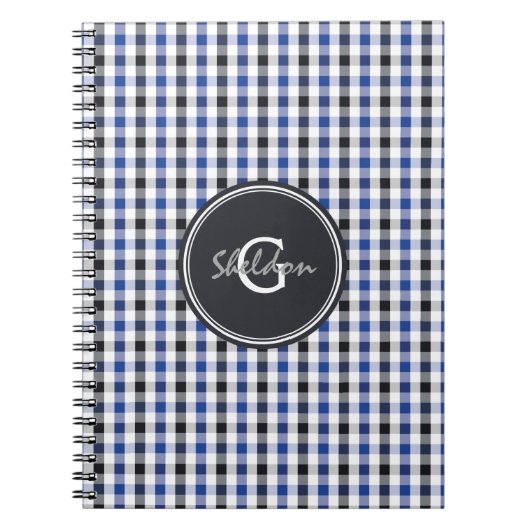 シックでプレッピーな暗藍色のギンガムパターンモノグラム ノートブック (正面)