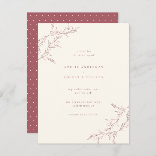 シックでミニマルなクリーム及び音を弱められた赤い群葉の結婚式 インビテーションポストカード (正面/裏面)