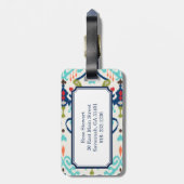 シックでモダンなティール（緑がかった色）の濃紺のイカットの種族パターン ラゲッジタグ (裏面縦)