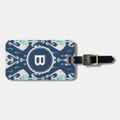 シックでモダンなティール（緑がかった色）の濃紺のイカットの種族パターン ラゲッジタグ (正面横)