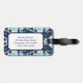 シックでモダンなティール（緑がかった色）の濃紺のイカットの種族パターン ラゲッジタグ (裏面横)