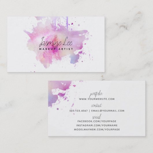 シックでモダンなメーキャップアーティストの水彩画の紫色のグランジ 名刺 (正面/裏面)