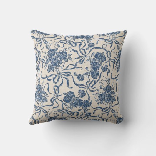 シックでモダンなヴィンテージのアイボリーの濃紺の花柄パターン クッション (裏面)