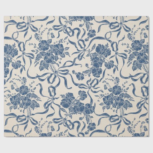 シックでモダンなヴィンテージのアイボリーの濃紺の花柄パターン ラッピングペーパー (フラット)