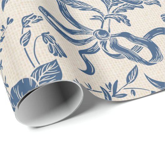 シックでモダンなヴィンテージのアイボリーの濃紺の花柄パターン ラッピングペーパー (ロールコーナー)