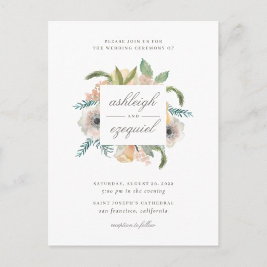 シックでモダンな水彩画の花花束の結婚式 インビテーションポストカード (正面)