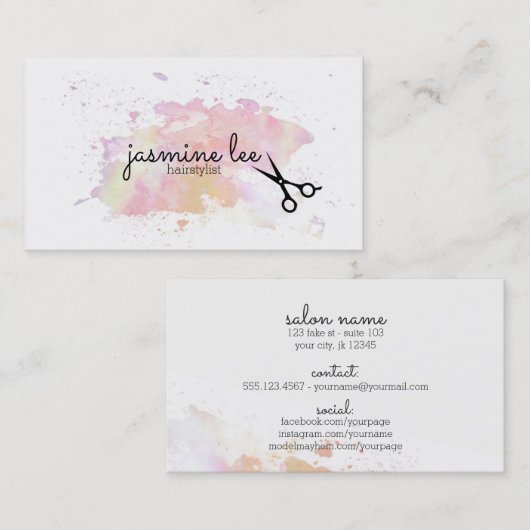 シックでモダンな美容師の水彩画の書道 名刺 (正面/裏面)