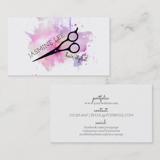 シックでモダンな美容師の水彩画の紫色のグランジ 名刺 (正面/裏面)