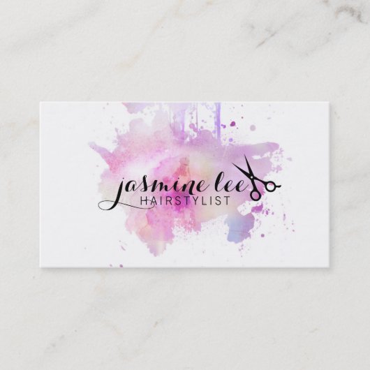 シックでモダンな美容師の水彩画の紫色のグランジ 名刺 (正面)