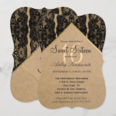 シックで上品なブラックレース、金ゴールド、リサイクル紙 招待状 (正面/裏面)