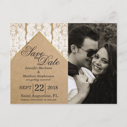 シックで上品なホワイトレース、金ゴールド、リサイクル紙 案内ポストカード (正面)