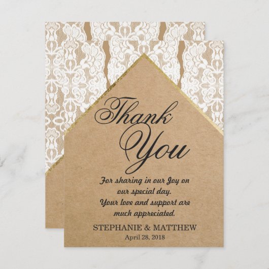 シックで及び上品で白いレース、金ゴールドは、及び紙をリサイクルしました サンキューカード (正面/裏面)