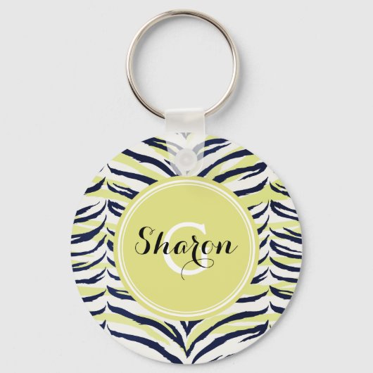 シックで多彩で黒く及び黄色のシマウマのプリントのモノグラム キーホルダー (正面)