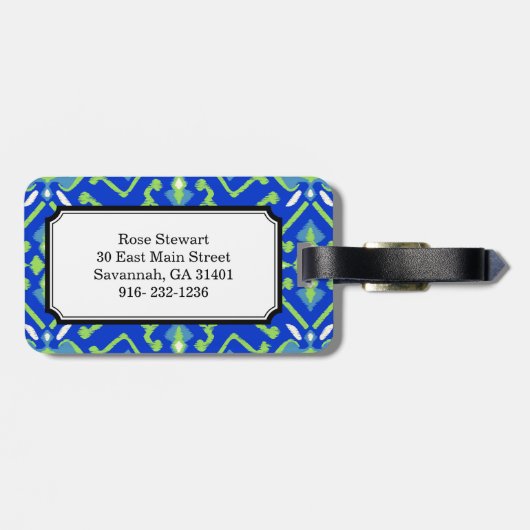 シックで幾何学的な青緑のイカットの種族パターン ラゲッジタグ (裏面横)