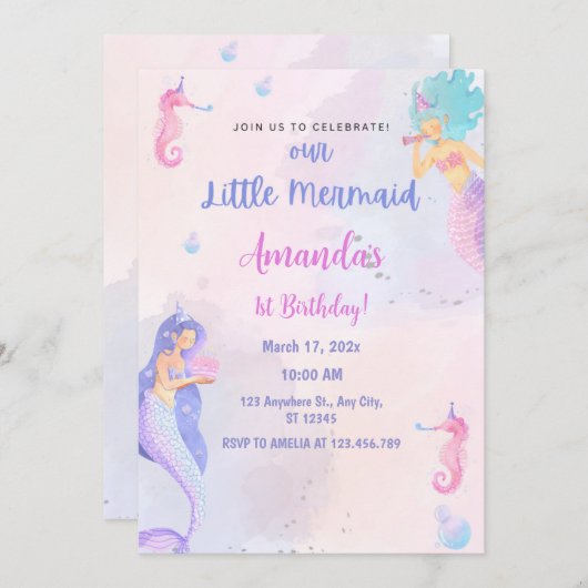 シックで愛らしいマーメイド誕生日 招待状 (正面/裏面)