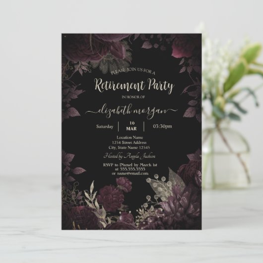 シックで暗いブルゴーニュの花フレームリタイア 招待状 (スタンド正面)