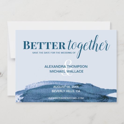 シックで良い一緒に青い水の色のブラシストローク マグネット招待状 (正面)