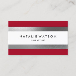 シックで荒くフェイクな銀のストライプの赤のモダン 名刺
