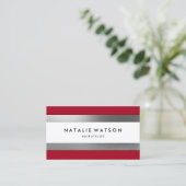 シックで荒くフェイクな銀のストライプの赤のモダン 名刺 (スタンド正面)