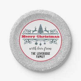 シックで華やかな赤いメリークリスマスシルバーグリッター ペーパープレート