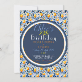シックで詳細なネイビーブルーと柑橘類の誕生日 招待状
