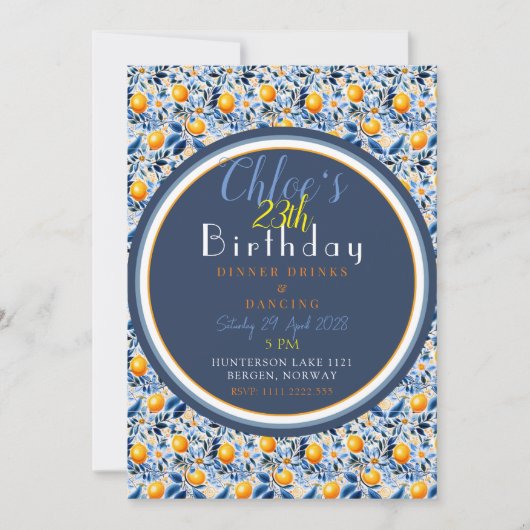シックで詳細なネイビーブルーと柑橘類の誕生日 招待状 (正面)