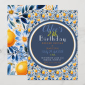 シックで詳細なネイビーブルーと柑橘類の誕生日 招待状 (正面/裏面)