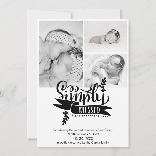 シックで賛美シンプルな3枚の写真の誕生のお知らせ (正面)