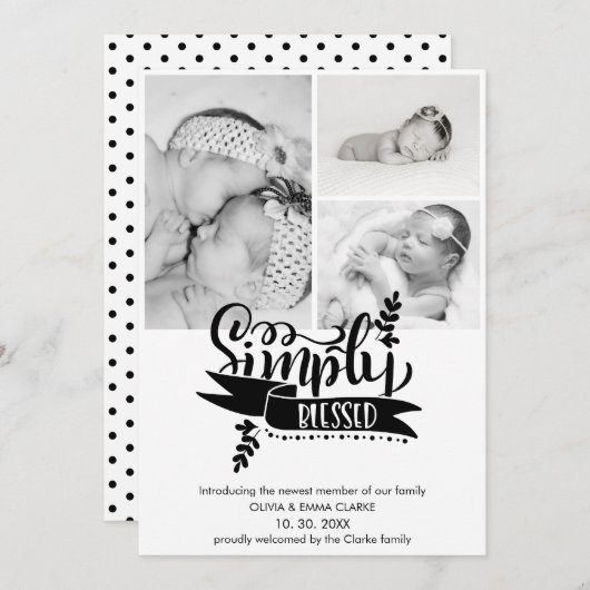 シックで賛美シンプルな3枚の写真の誕生のお知らせ (正面/裏面)