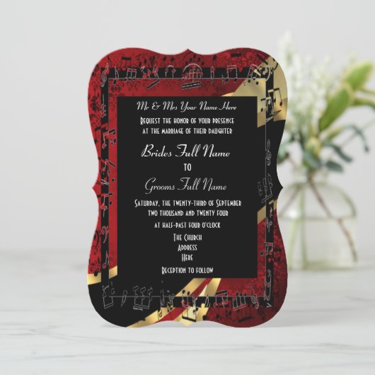 シックで赤いダマスク織の金ゴールドのエレガントでフォーマルな結婚式 招待状 (スタンド正面)