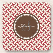シックで赤いヘリンボン幾何学的なパターンモノグラム コースター (正面)