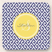 シックで青いギリシャ人の鍵幾何学的なパターンモノグラム コースター (正面)