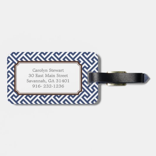シックで青いギリシャ人の鍵幾何学的なパターンモノグラム ラゲッジタグ (裏面横)