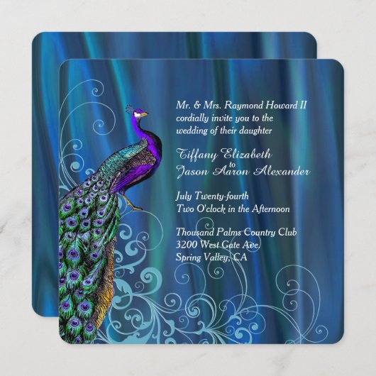 シックで青いサテンおよび孔雀の結婚式招待状 招待状 (正面/裏面)
