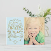 シックで青いヒイラギのすてきなクリスマスのカスタムな写真カード シーズンカード (スタンド正面)