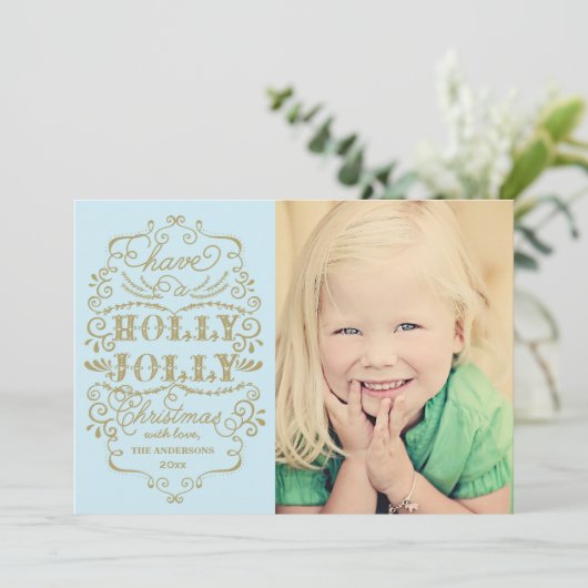 シックで青いヒイラギのすてきなクリスマスのカスタムな写真カード シーズンカード (スタンド正面)