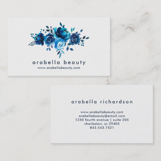 シックで青い水彩画の花柄のバラ 名刺 (正面/裏面)