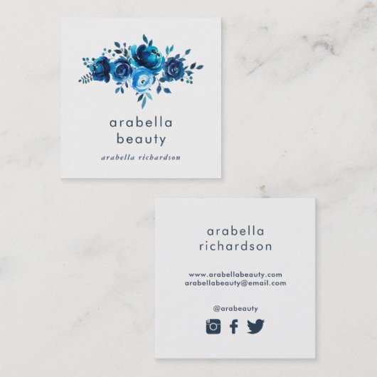 シックで青い水彩画の花柄|の会合媒体アイコン スクエア名刺 (正面/裏面)