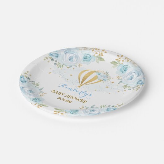 シックで青い金ゴールドの熱気の気球の花のベビーシャワー ペーパープレート (アングル)