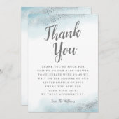 シックで青く、銀製のグリッターのベビーシャワー サンキューカード (正面/裏面)