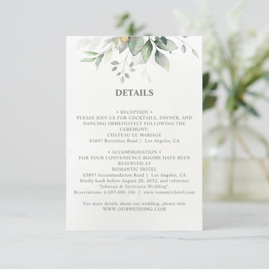 シックで風通しの良い緑のユーカリの葉結婚金ゴールド エンクロージャーカード (スタンド正面)