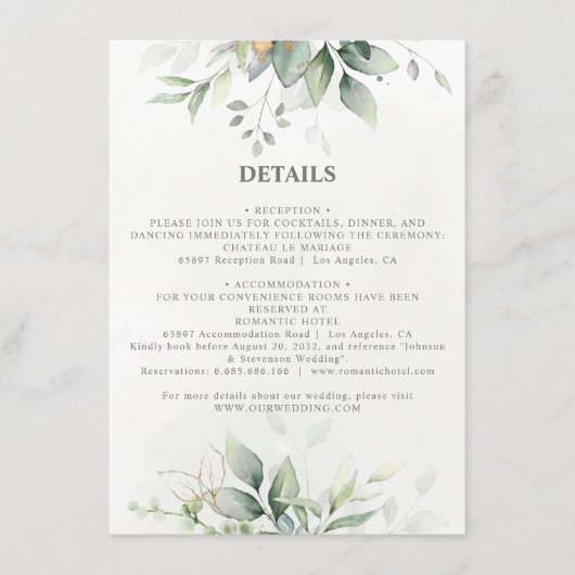 シックで風通しの良い緑のユーカリの葉結婚金ゴールド エンクロージャーカード (正面)