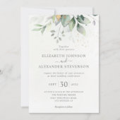 シックで風通しの良い緑のユーカリの葉結婚金ゴールド 招待状 (正面)