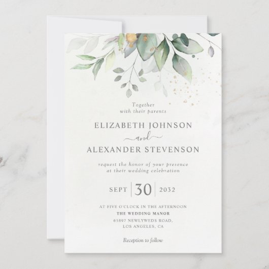 シックで風通しの良い緑のユーカリの葉結婚金ゴールド 招待状 (正面)