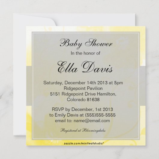 シックで黄色および灰色の花のベビーシャワーの招待状 招待状 (裏面)