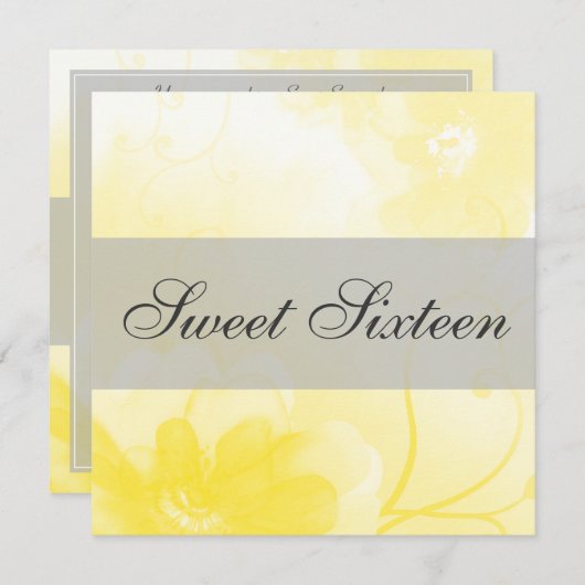シックで黄色および灰色の花のSweet sixteenの誕生日 招待状 (正面/裏面)