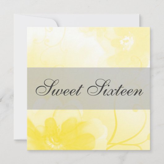 シックで黄色および灰色の花のSweet sixteenの誕生日 招待状 (正面)
