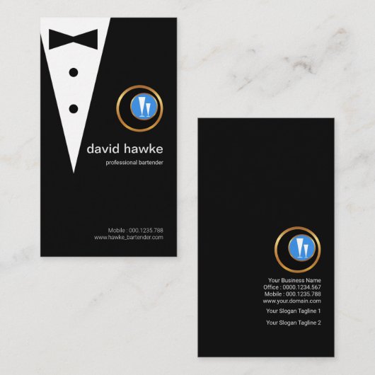 シックで黒いタキシードの金ゴールドのBoutonniereのバーテンダーのロゴ 名刺 (正面/裏面)