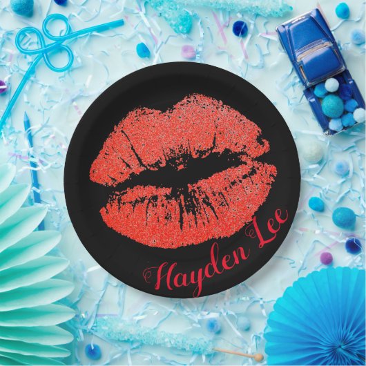 シックで黒い及びグリッターの赤い唇は紙皿を印刷します ペーパープレート (パーティー)